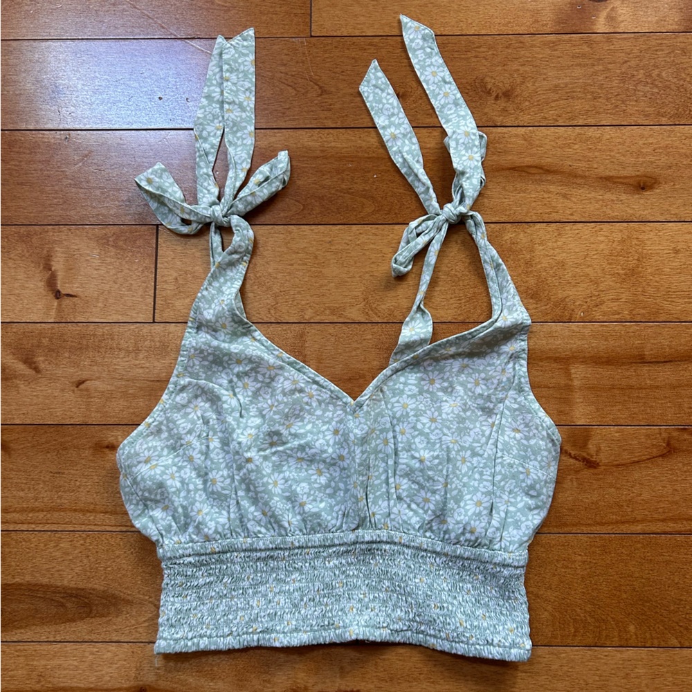Hollister Light Green Tie Strap Floral Top